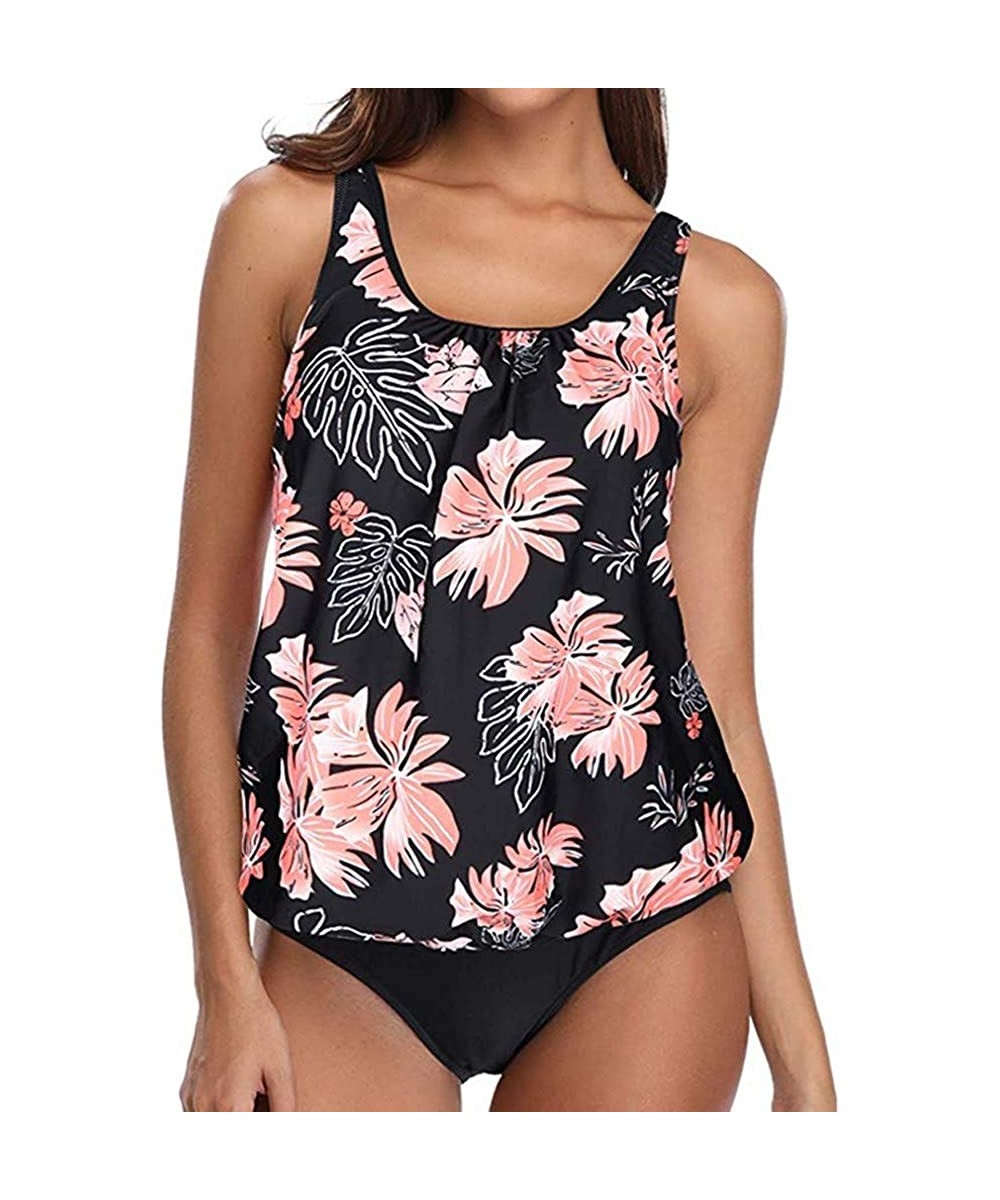 Women Two Piece Swimsuit High Neck Floral Printed Racerback Tankini Sets Tummy Control Swimwear Bathing Suits 02 Pink - CX194...