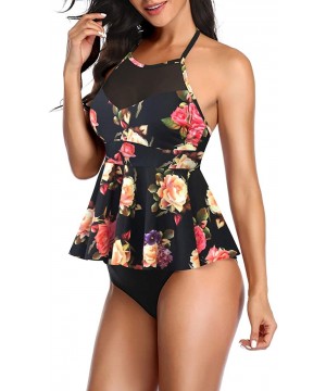 Women's Tummy Control Tankini Swimsuit Two Piece Mesh Swimdress Swimwear Floral Printed Bathing Suit for Women - Rose Floral ...