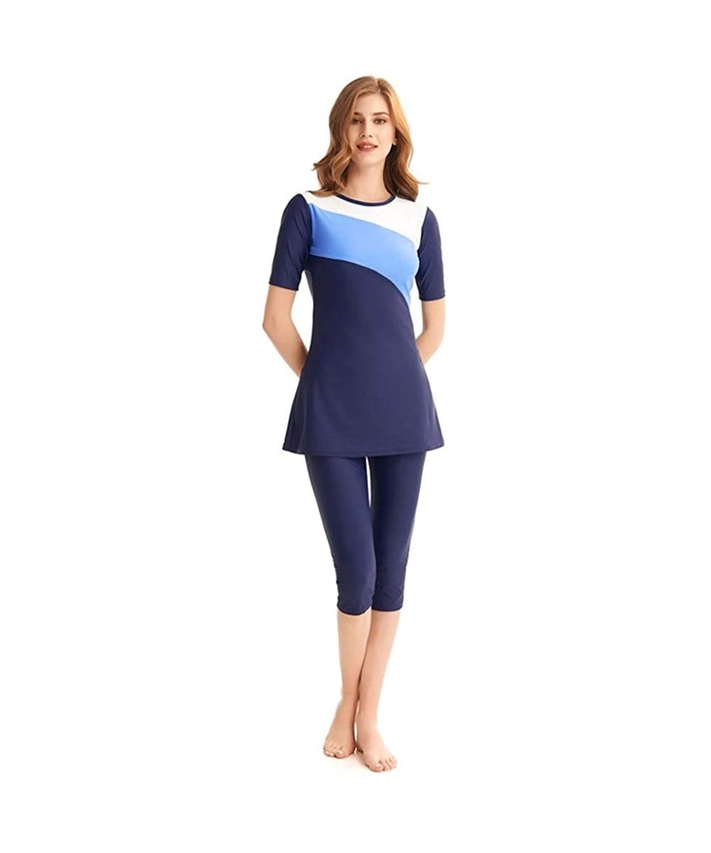 Women's Modest Muslim Swimwear Surfing Suit Short Sleeve Swimsuit Burkini Rash Guard - Blue - C3196X98NKU $33.06-Rash Guards