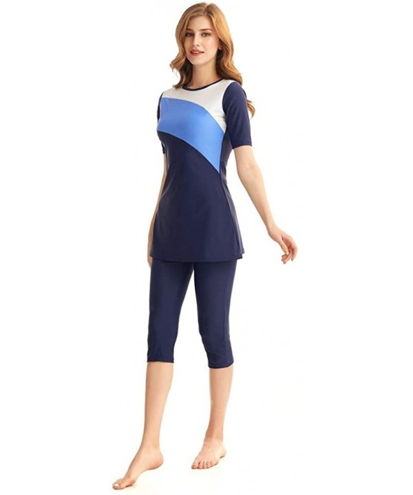 Women's Modest Muslim Swimwear Surfing Suit Short Sleeve Swimsuit Burkini Rash Guard - Blue - C3196X98NKU $33.06-Rash Guards