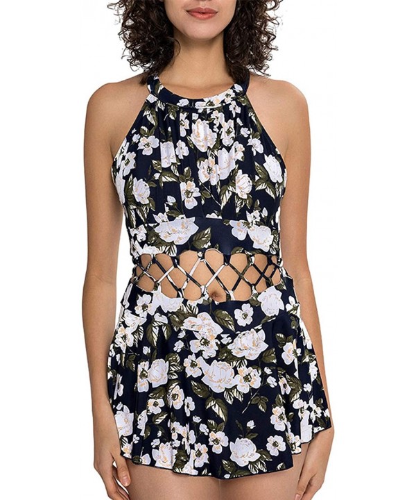 Women's High Neck Meshed One Piece Swimsuit Pleated Tops/Skirt Swimdress (FBA) - Floral 41 - C318LQ934ID $22.17-Bottoms