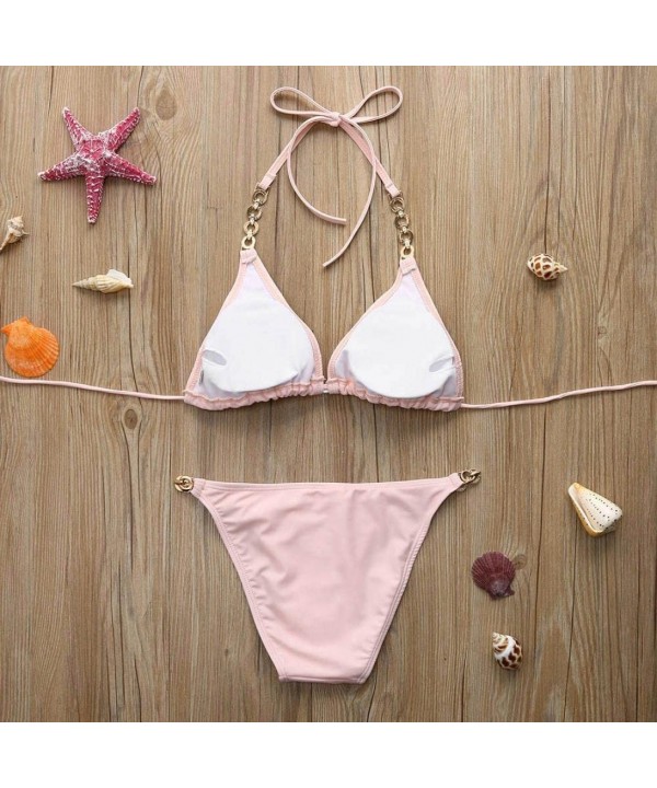 Women Swimwear Bikini Sets Padded Crystal Bling Halter Neck 2 Pieces Swimsuits - Pink - CZ18CGUEMDT $18.97-Sets