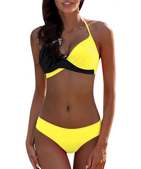 Womens Colorblock Padded Push-Up Bra Bikini Set Swimsuit Bathing Suit Swimwear Beachwear - Yellow - C7196IW9C35 $15.62-Sets