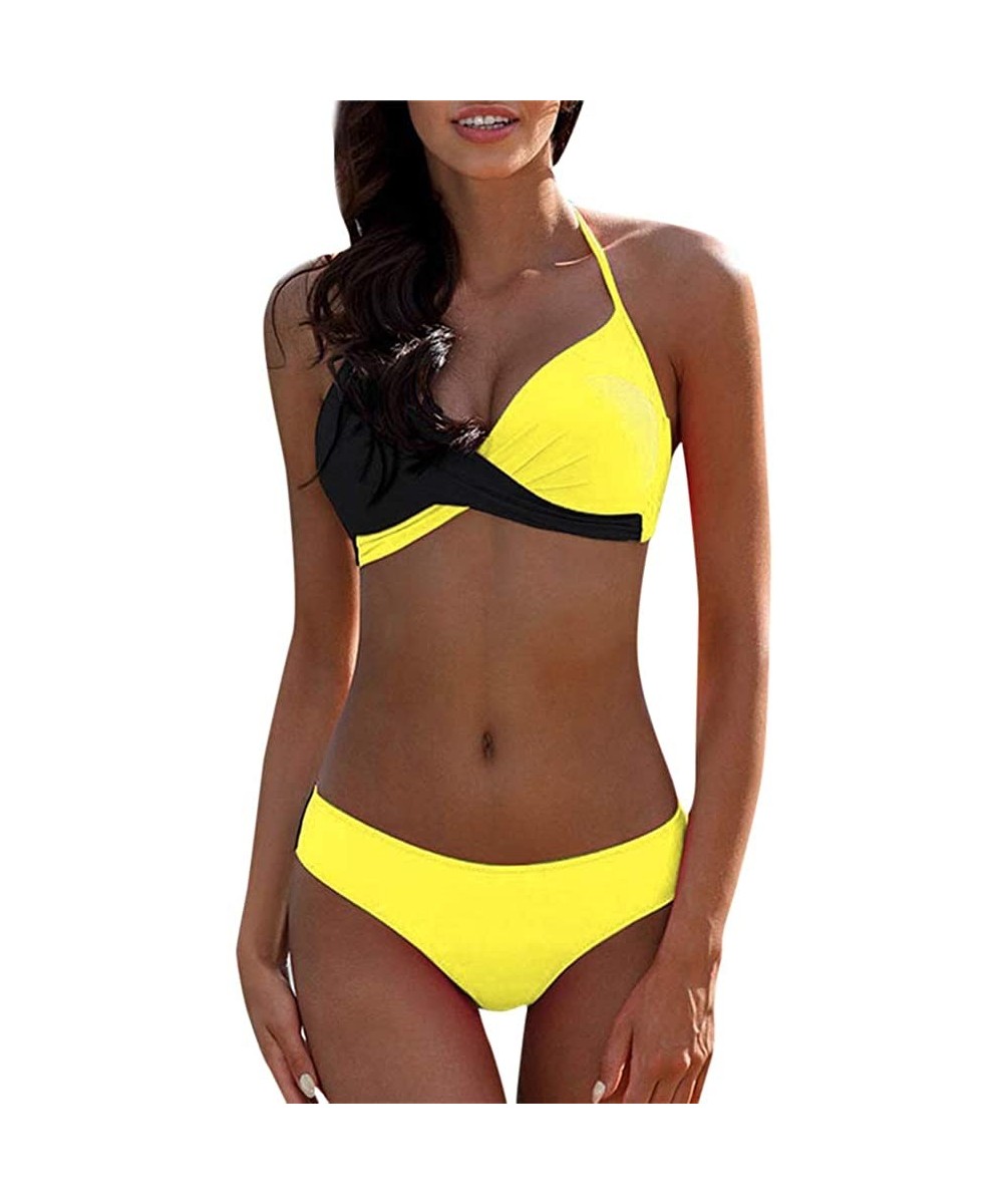 Womens Colorblock Padded Push-Up Bra Bikini Set Swimsuit Bathing Suit Swimwear Beachwear - Yellow - C7196IW9C35 $15.62-Sets