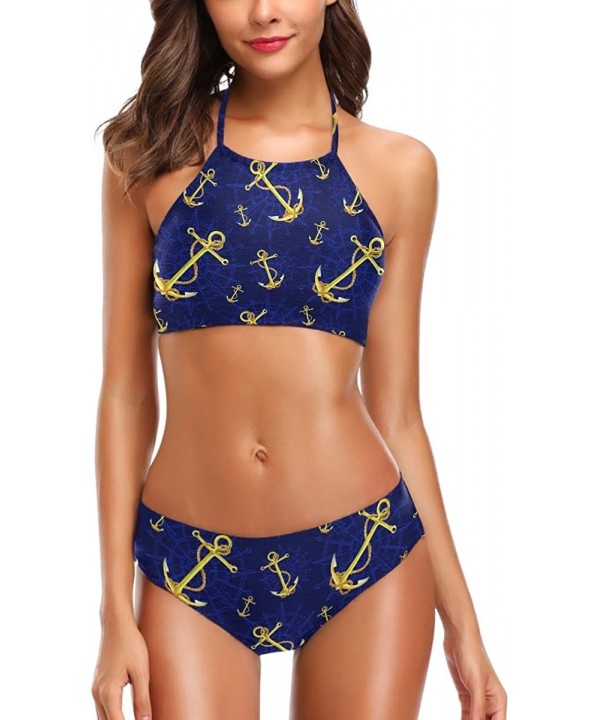 Womens Chic Beach Hot Sexy 2 Piece Halter Neack High Waist Padded Swimsuits - Anchor - CR18H385M7A $23.50-Sets