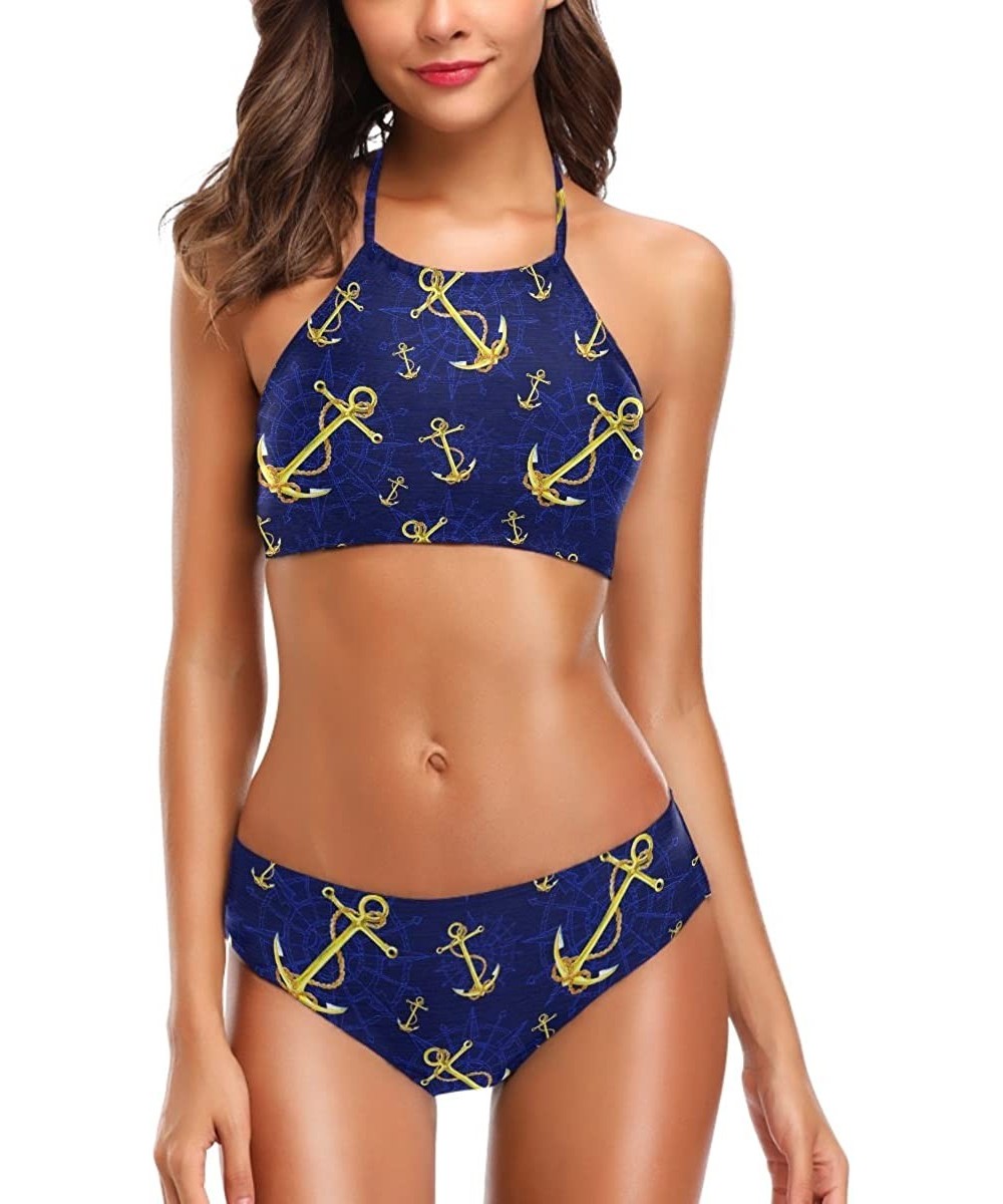 Womens Chic Beach Hot Sexy 2 Piece Halter Neack High Waist Padded Swimsuits - Anchor - CR18H385M7A $23.50-Sets