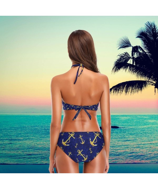 Womens Chic Beach Hot Sexy 2 Piece Halter Neack High Waist Padded Swimsuits - Anchor - CR18H385M7A $23.50-Sets