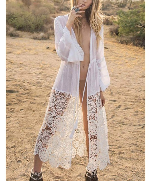 Women Sexy Lace Crochet Open Front Swimsuit Beach Long Kimono Cover Ups - White 4 - CF18X6D0OIZ $26.94-Cover-Ups