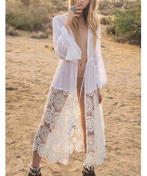 Women Sexy Lace Crochet Open Front Swimsuit Beach Long Kimono Cover Ups - White 4 - CF18X6D0OIZ $26.94-Cover-Ups