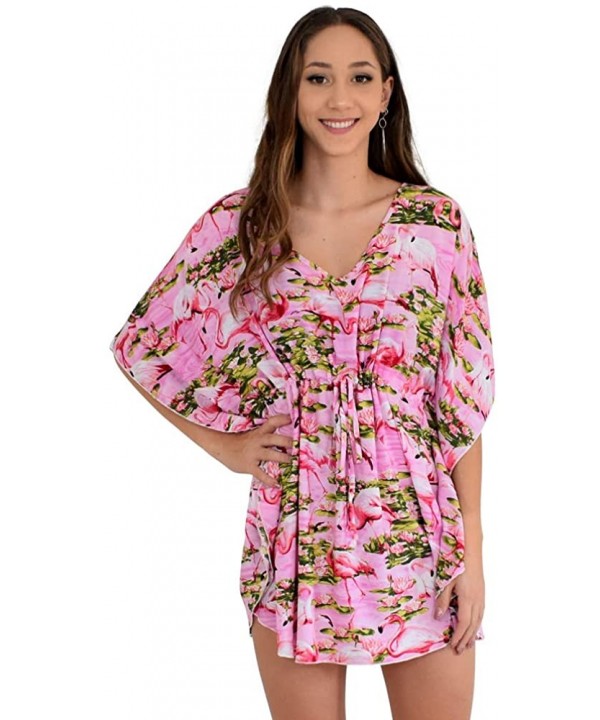 Ladies Short Kaftan Flamingo Beach Cover-Up- OS - Pink - C0188ZL709S $18.34-Cover-Ups