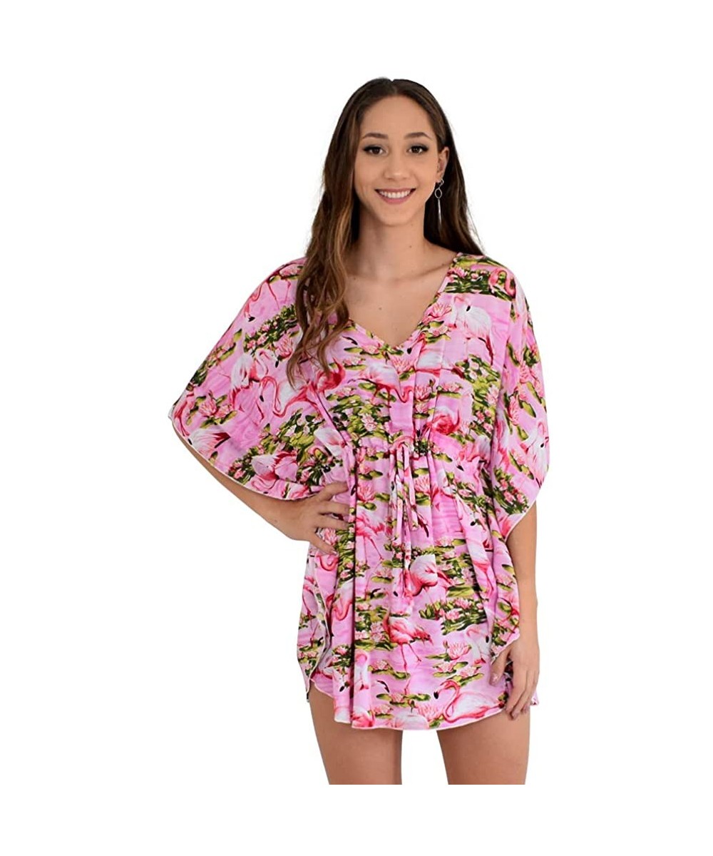 Ladies Short Kaftan Flamingo Beach Cover-Up- OS - Pink - C0188ZL709S $18.34-Cover-Ups