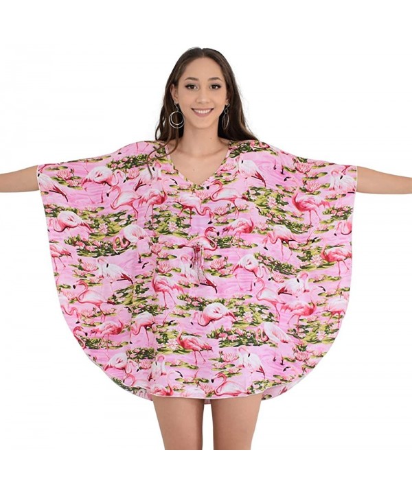 Ladies Short Kaftan Flamingo Beach Cover-Up- OS - Pink - C0188ZL709S $18.34-Cover-Ups