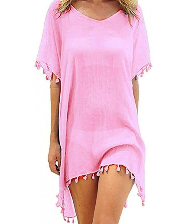 Women's Chiffon Tassel Kaftan Swimsuit Beach Cover Up - A-pink - CY18QMZAOAN $11.43-Cover-Ups