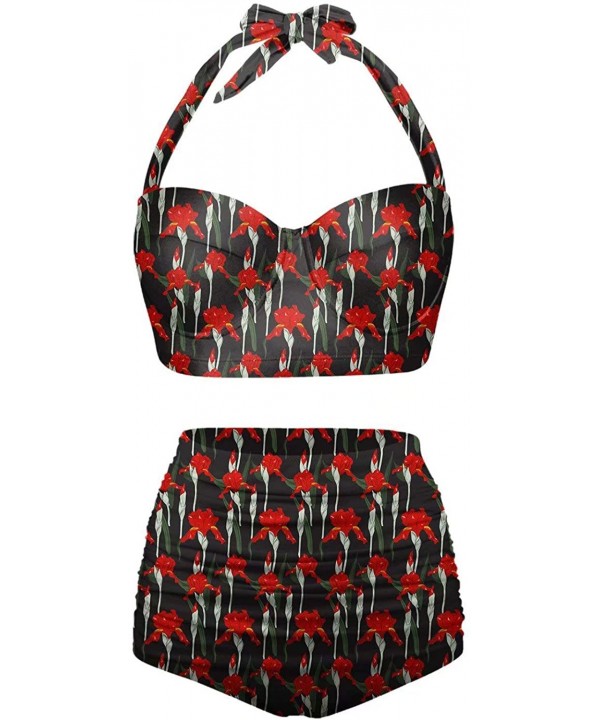 Women's Halter Summer Bright Floral Print Funny Swimsuits High Waisted Bikini Set - Red-orange - C7196D2RZ63 $30.83-Sets