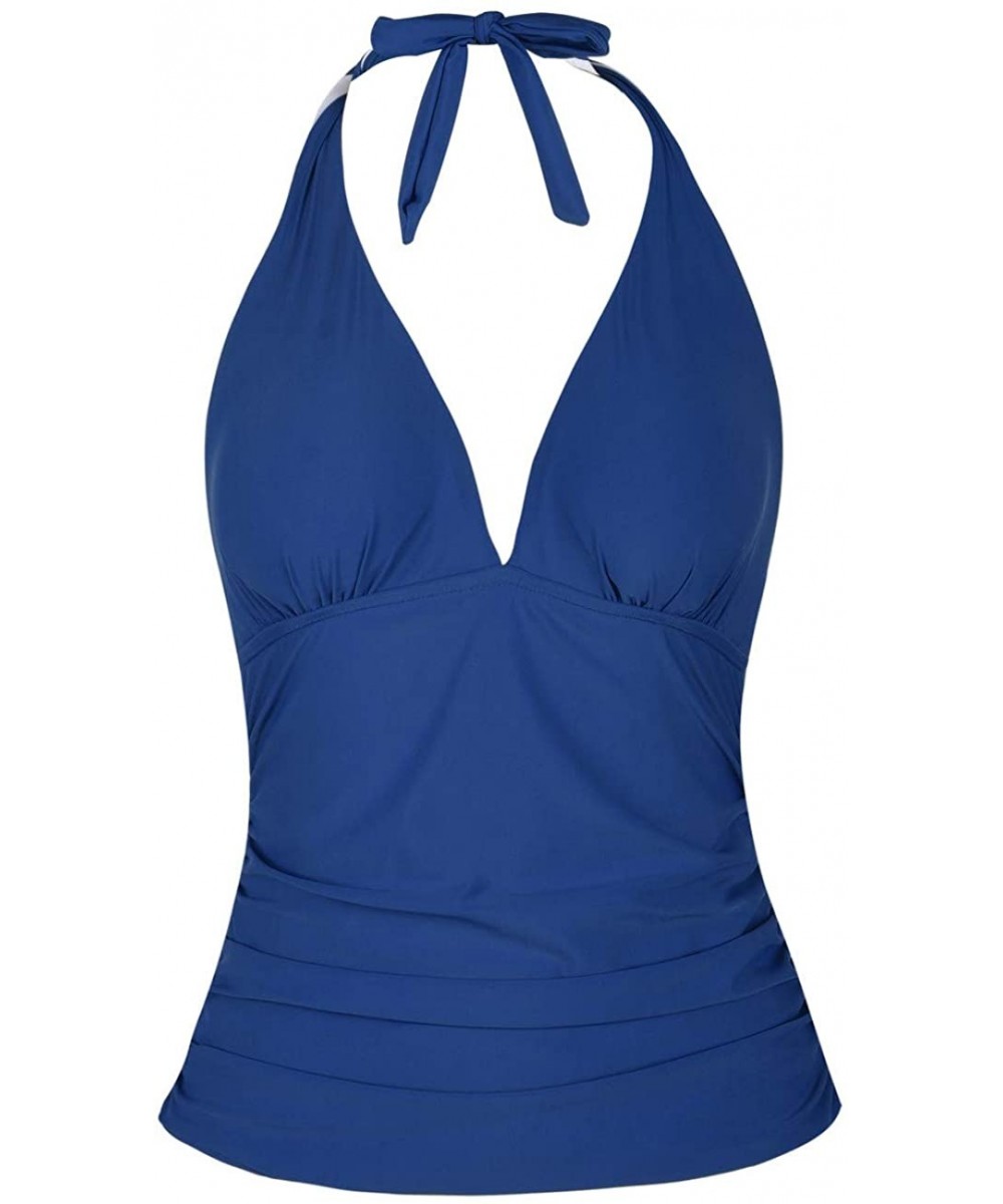 Women's Plunging V Neck Halter Swim Tops Shirred Tankini Top - Blue - C318M3WCYEU $22.90-Tops