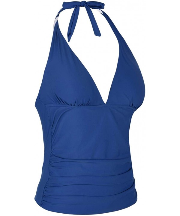 Women's Plunging V Neck Halter Swim Tops Shirred Tankini Top - Blue - C318M3WCYEU $22.90-Tops