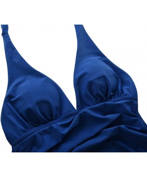 Women's Plunging V Neck Halter Swim Tops Shirred Tankini Top - Blue - C318M3WCYEU $22.90-Tops