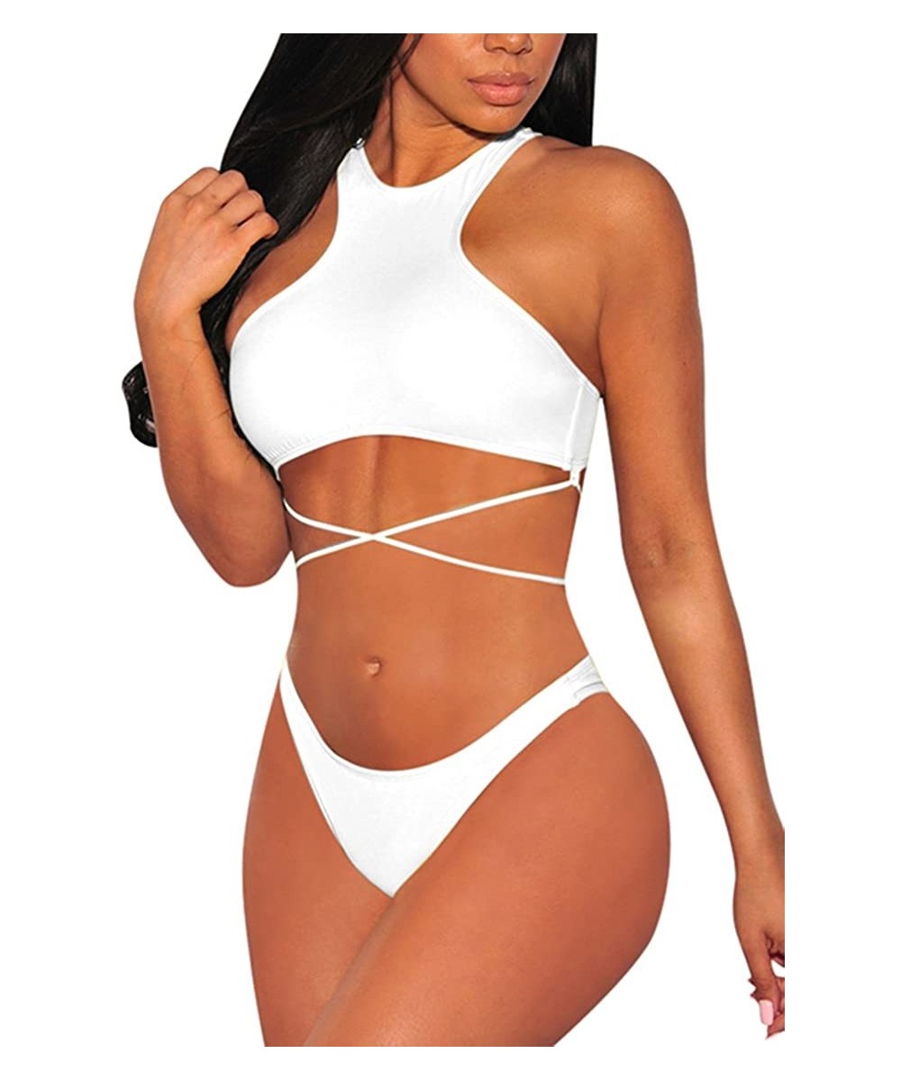 Women's Sexy High Neck Strappy Cheeky Bikini Swimsuit Bathing Suit - White - C318NI5SOZN $23.05-Sets