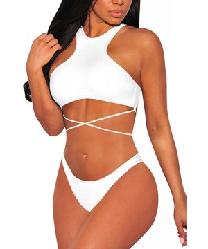 Women's Sexy High Neck Strappy Cheeky Bikini Swimsuit Bathing Suit - White - C318NI5SOZN $23.05-Sets