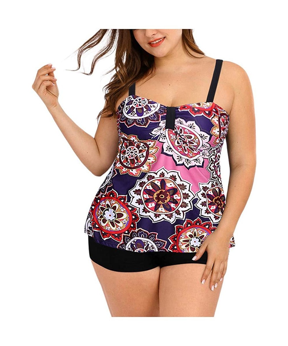 Women Plus Size Swimsuit Tummy Control Floral Print High Waisted Two Piece Swimwear Beach Suit - Pink - CT196TXH98T $21.46-Sets