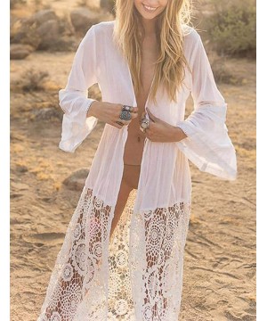 Women Sexy Lace Crochet Open Front Swimsuit Beach Long Kimono Cover Ups - White 4 - CF18X6D0OIZ $26.94-Cover-Ups