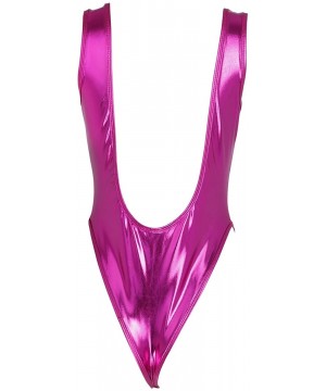 Womens Sleeveless High Cut Patent Leather Thong Gymnastics Leotard - Rose - C118O3LHSCN $18.50-Racing