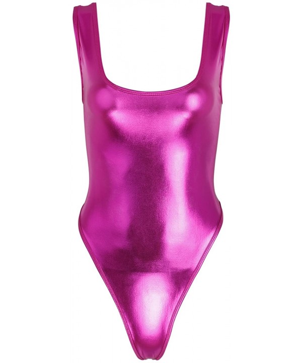 Womens Sleeveless High Cut Patent Leather Thong Gymnastics Leotard - Rose - C118O3LHSCN $18.50-Racing