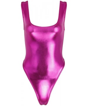 Womens Sleeveless High Cut Patent Leather Thong Gymnastics Leotard - Rose - C118O3LHSCN $18.50-Racing