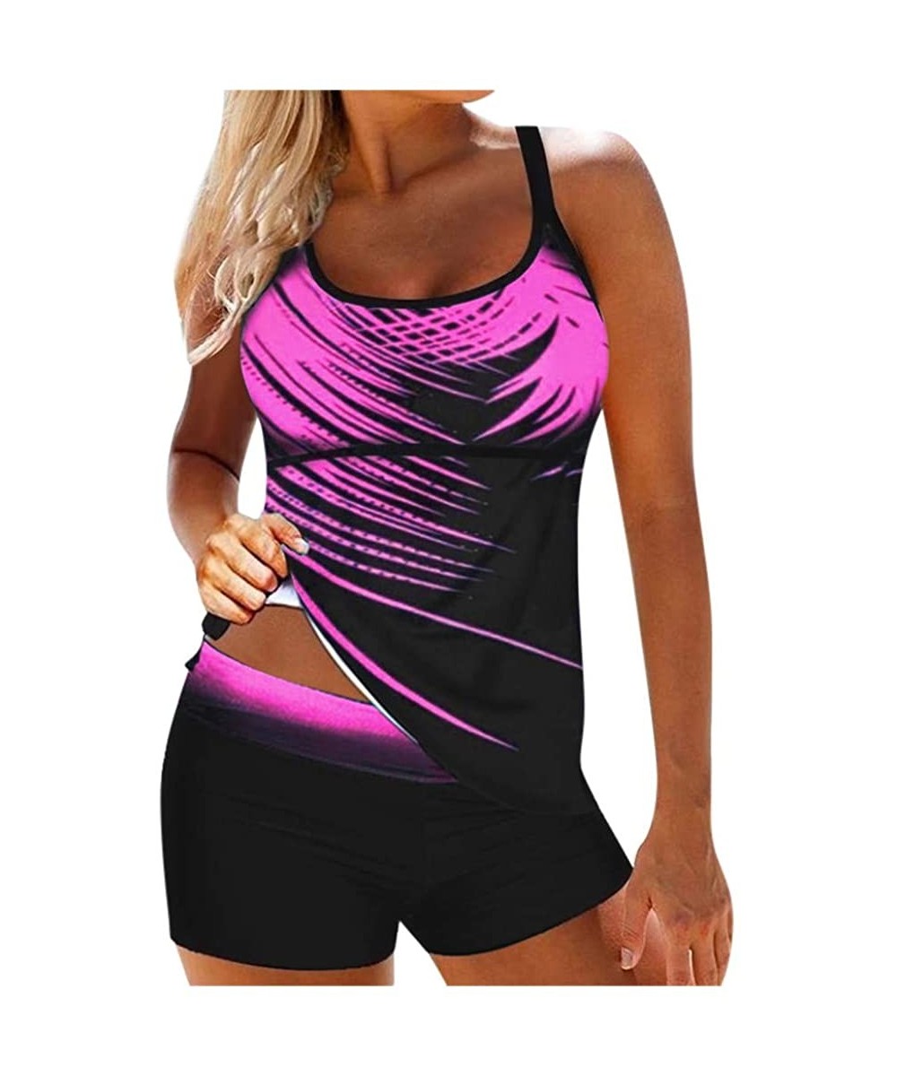 Women Plus Size Conservative Printed Two-Piece Swimsuit Bra Tankini Top Swimdress Beachwear (S-5XL) - Pink 2 - CZ196WSXAEW $2...