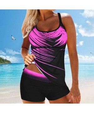 Women Plus Size Conservative Printed Two-Piece Swimsuit Bra Tankini Top Swimdress Beachwear (S-5XL) - Pink 2 - CZ196WSXAEW $2...