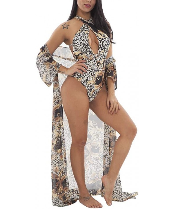 Print Criss-Crossing Straps V Plunge One Piece Swimsuit w/Cover Up - Multi 2 - CN18ULWE64G $33.55-Racing