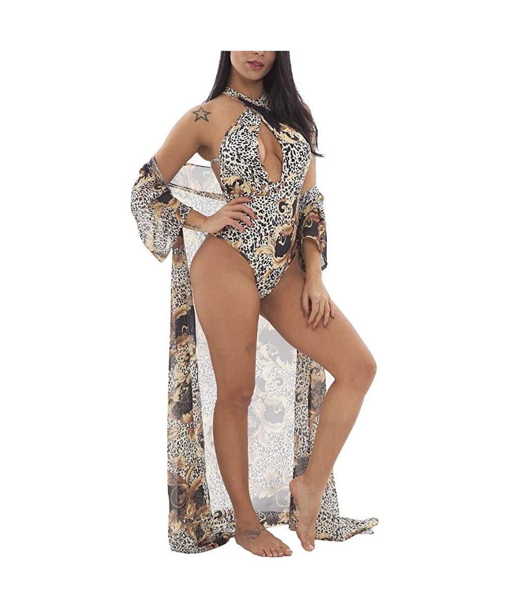 Print Criss-Crossing Straps V Plunge One Piece Swimsuit w/Cover Up - Multi 2 - CN18ULWE64G $33.55-Racing