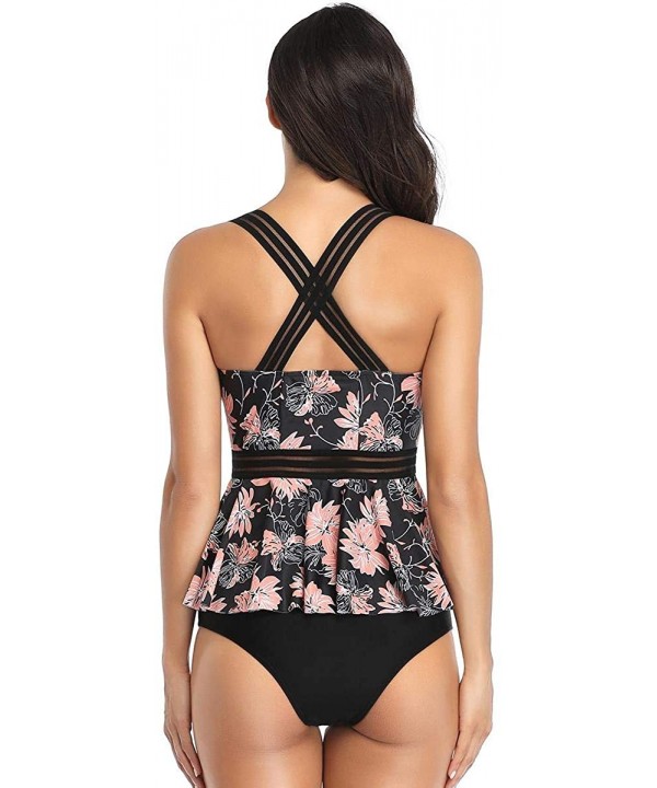 Women's Swimsuit Two Piece Ruffled Tank Top High Waist Bottoms Bathing Suit - Black & Flower - CB1908W47IH $20.84-Bottoms