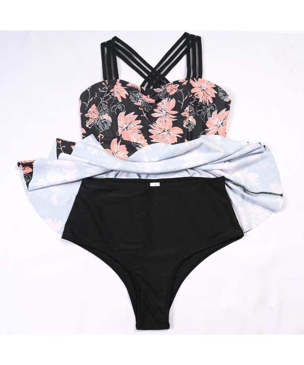 Women's Swimsuit Two Piece Ruffled Tank Top High Waist Bottoms Bathing Suit - Black & Flower - CB1908W47IH $20.84-Bottoms