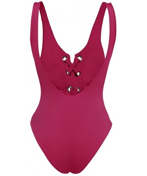 Women's Scoop Neck Lace Up High Cut Cheeky One Piece Swimwear Bathing Suit Maillot - Wine Red - C718E73904O $13.00-One-Pieces