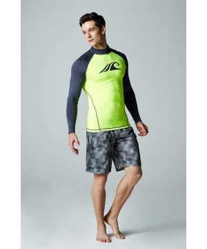 Men's UPF 50+ Long Sleeve Rash Guard- UV/SPF Quick Dry Swim Shirt- Water Surf Swimming Shirts - Print(msr12) - Neon Yellow & ...