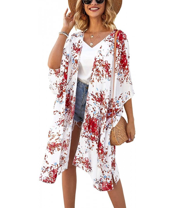 Women Casual Floral Loose Lightweight Cardigan Open Front Chiffon Kimono Cover Up - Cotton Flower Red - C2193Y37U6Y $13.44-Co...