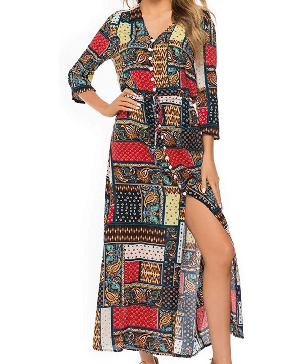 Women Vintage Plus Size Boho Button Down Patchwork Split Maxi Dress Elegant 3/4 Sleeve Bohemian Pleated Swing Long Dress - Re...