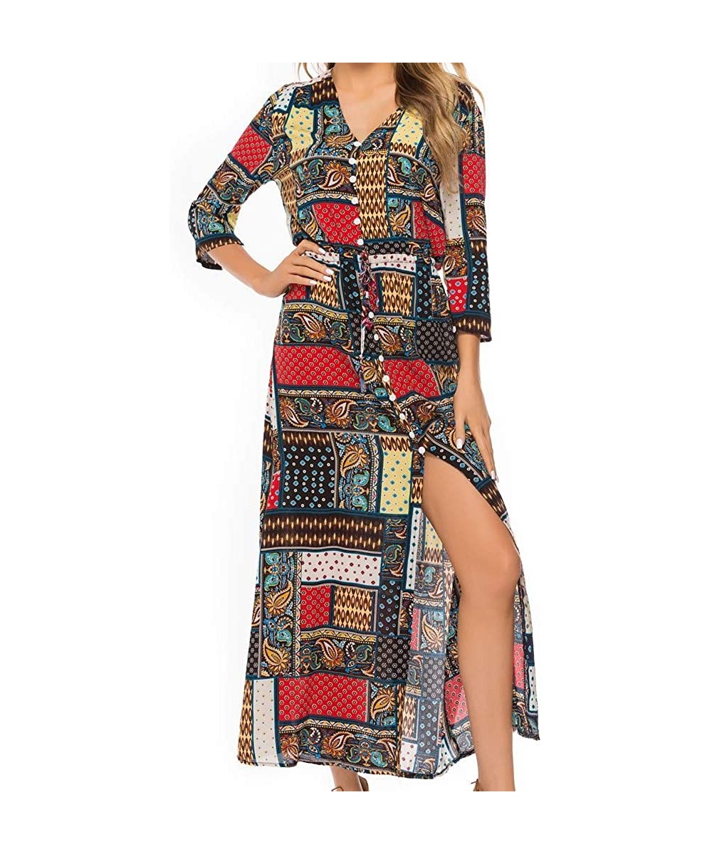 Women Vintage Plus Size Boho Button Down Patchwork Split Maxi Dress Elegant 3/4 Sleeve Bohemian Pleated Swing Long Dress - Re...