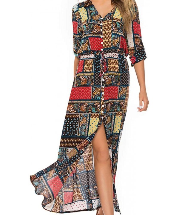 Women Vintage Plus Size Boho Button Down Patchwork Split Maxi Dress Elegant 3/4 Sleeve Bohemian Pleated Swing Long Dress - Re...