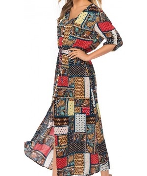 Women Vintage Plus Size Boho Button Down Patchwork Split Maxi Dress Elegant 3/4 Sleeve Bohemian Pleated Swing Long Dress - Re...