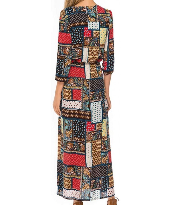 Women Vintage Plus Size Boho Button Down Patchwork Split Maxi Dress Elegant 3/4 Sleeve Bohemian Pleated Swing Long Dress - Re...