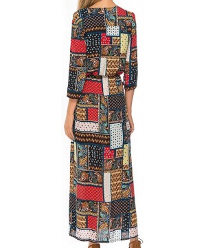 Women Vintage Plus Size Boho Button Down Patchwork Split Maxi Dress Elegant 3/4 Sleeve Bohemian Pleated Swing Long Dress - Re...