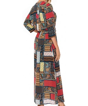 Women Vintage Plus Size Boho Button Down Patchwork Split Maxi Dress Elegant 3/4 Sleeve Bohemian Pleated Swing Long Dress - Re...