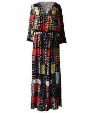 Women Vintage Plus Size Boho Button Down Patchwork Split Maxi Dress Elegant 3/4 Sleeve Bohemian Pleated Swing Long Dress - Re...