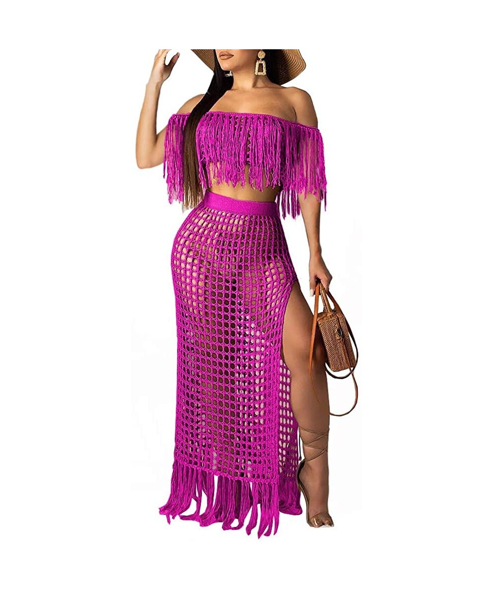 Womens Sexy 2 Piece Beachwear Hollow Out Crop Top High Slit Maxi Skirt Set - Rose Red - C818SYZXAZI $29.22-Cover-Ups