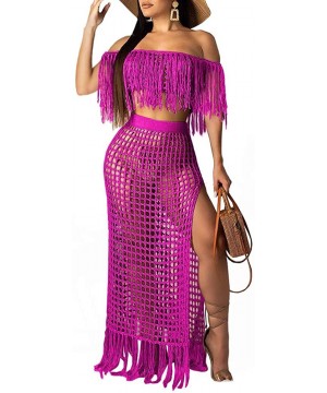 Womens Sexy 2 Piece Beachwear Hollow Out Crop Top High Slit Maxi Skirt Set - Rose Red - C818SYZXAZI $29.22-Cover-Ups