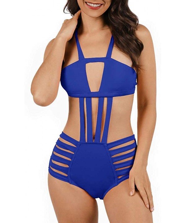 Women's Sexy Bandage Halter One Piece Swimsuits Cut Out Monokini Swimwear High Waist Lace Up Bathing Suit A blue - C412JYR0FT...