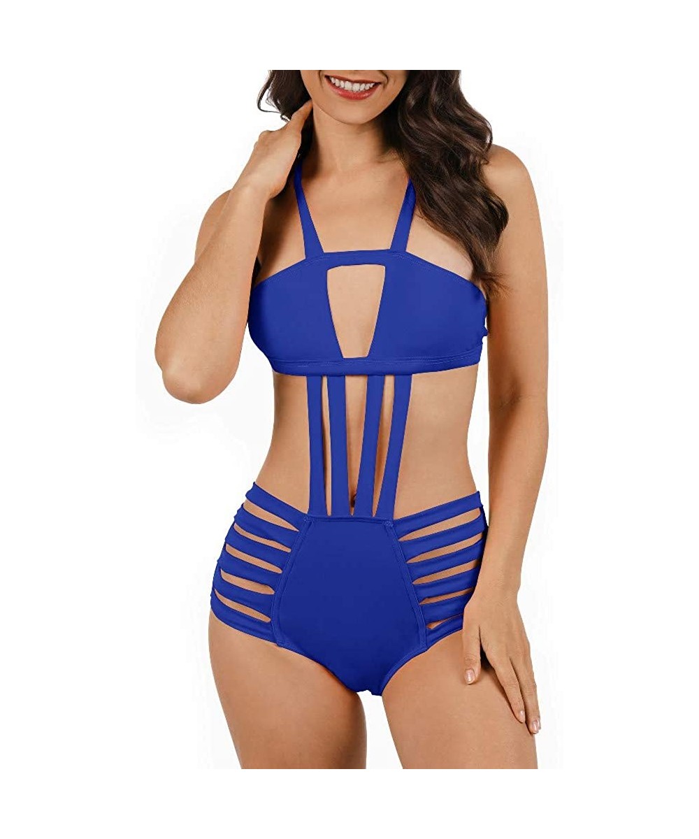 Women's Sexy Bandage Halter One Piece Swimsuits Cut Out Monokini Swimwear High Waist Lace Up Bathing Suit A blue - C412JYR0FT...