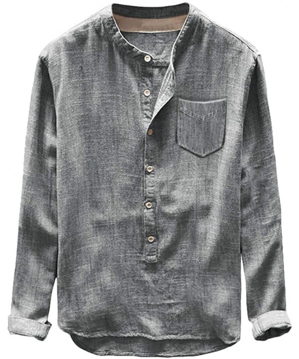 Mens Autumn Winter Button Casual Linen and Cotton Long Sleeve Top Blouse - Gray - CY18WO029EY $19.84-Rash Guards